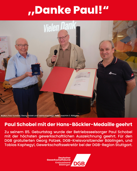 Foto von der Verleihung der Hans-Böckler-Medaille an Paul Schobel (links) mit Georg Patzek und Tobias Kaphegyi