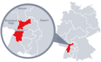 Diese Grafik zeigt eine Karte von Deutschland mit einer detaillierten Ansicht der Region Nordbaden. Nordbaden ist in Rot hervorgehoben und liegt im südlichen Teil Deutschlands. Ein Lupensymbol vergrößert diesen Bereich, um die Lage genauer darzustellen. 