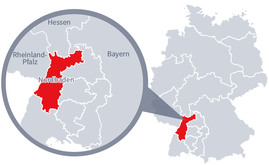 Diese Grafik zeigt eine Karte von Deutschland mit einer detaillierten Ansicht der Region Nordbaden. Nordbaden ist in Rot hervorgehoben und liegt im südlichen Teil Deutschlands. Ein Lupensymbol vergrößert diesen Bereich, um die Lage genauer darzustellen. 