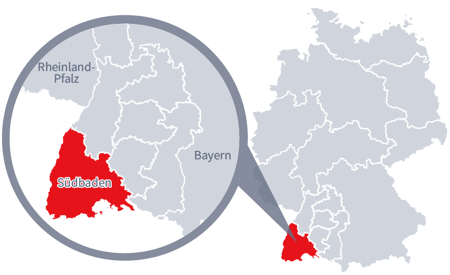 Diese Grafik zeigt eine Karte von Deutschland mit einer detaillierten Ansicht der Region Südbaden. Südbaden ist in Rot hervorgehoben und liegt im südlichen Teil Deutschlands. Ein Lupensymbol vergrößert diesen Bereich, um die Lage genauer darzustellen. 